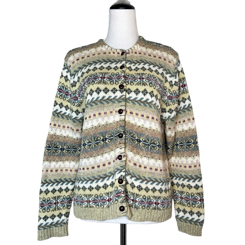 Tiara International Cardigan Sweater Size L Green Nordic Fair Isle Boho Cottage